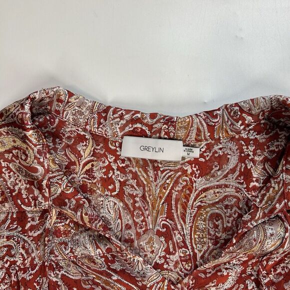 Greylin Anthropologie Top Womens Medium Paisley Red Peasant Blouse Flaw - Picture 5 of 10